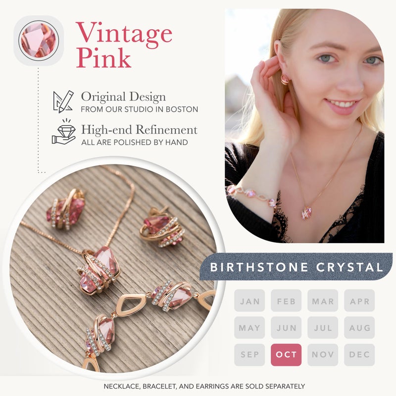 Leafael Wish Stone Pendant Necklace with Vintage Pink Birthstone Crystal for October, 18K Rose Gold Plated, 18" + 2" Chain - Image 4